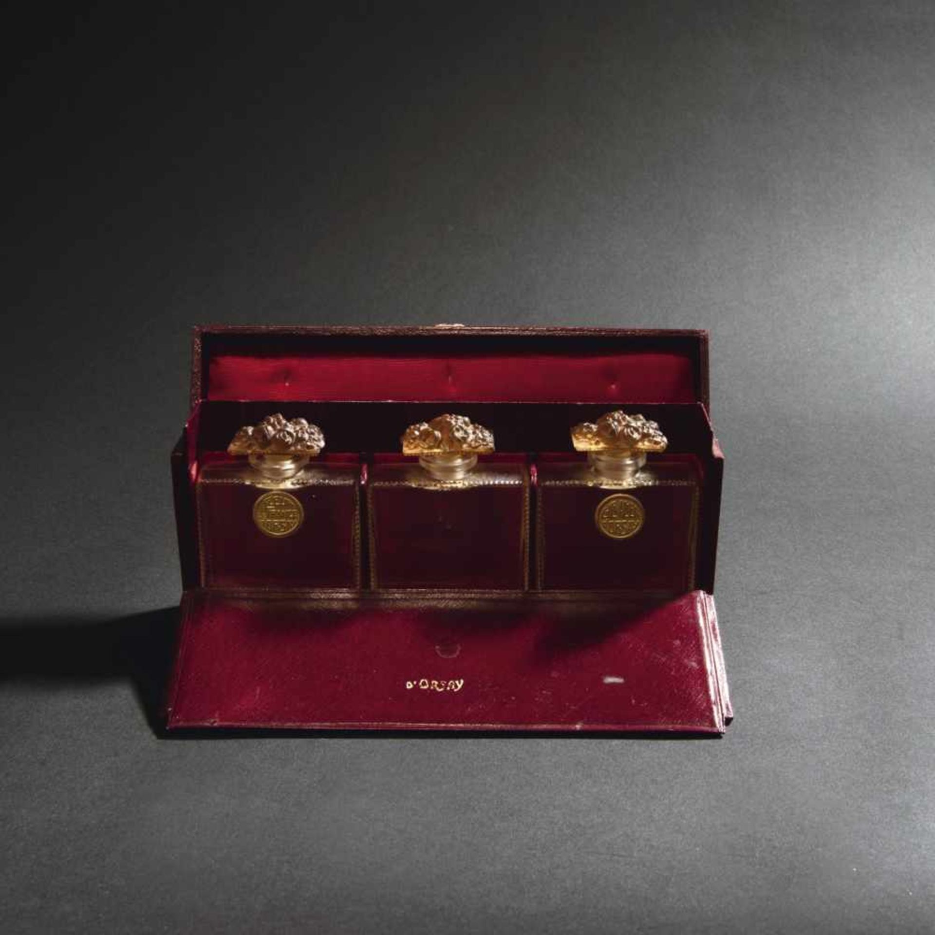 René Lalique, Three flacons for D'Orsay in original box, 1919Three flacons for D'Orsay in original