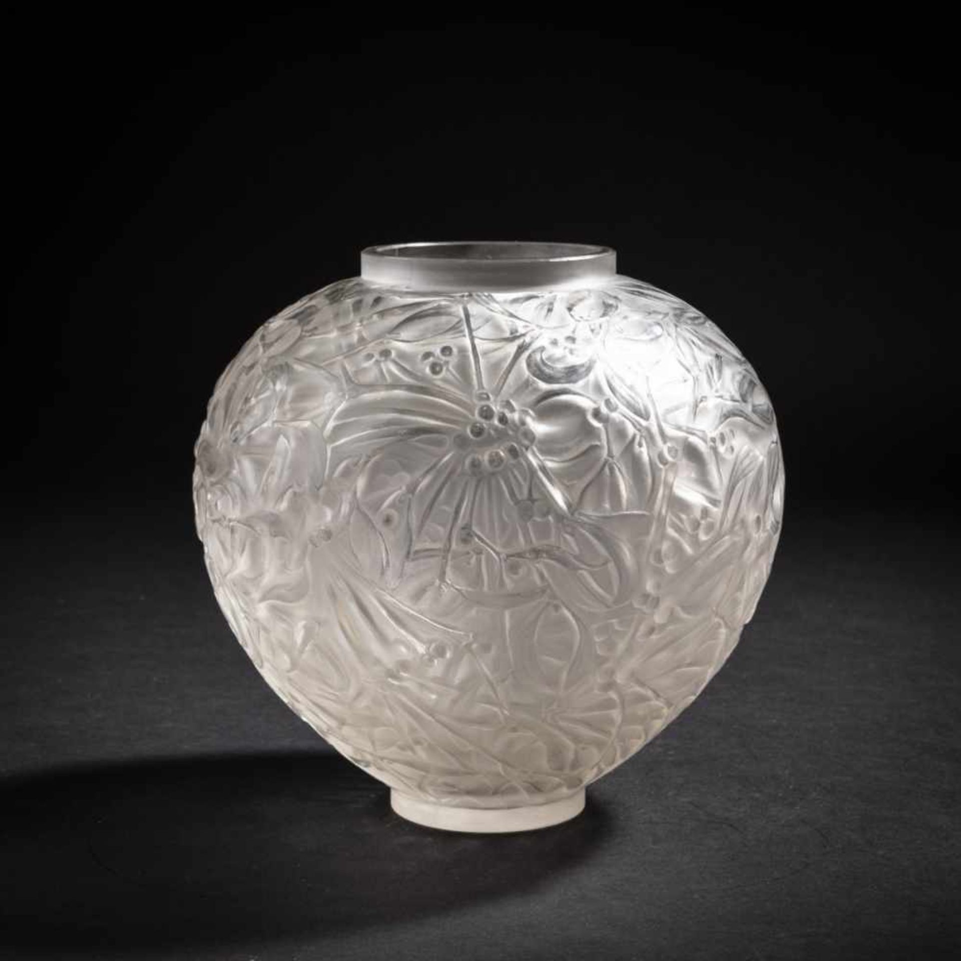 René Lalique, 'Gui' vase, 1920'Gui' vase, 1920H. 17 cm. Clear, mould-blown glass, satined, full-