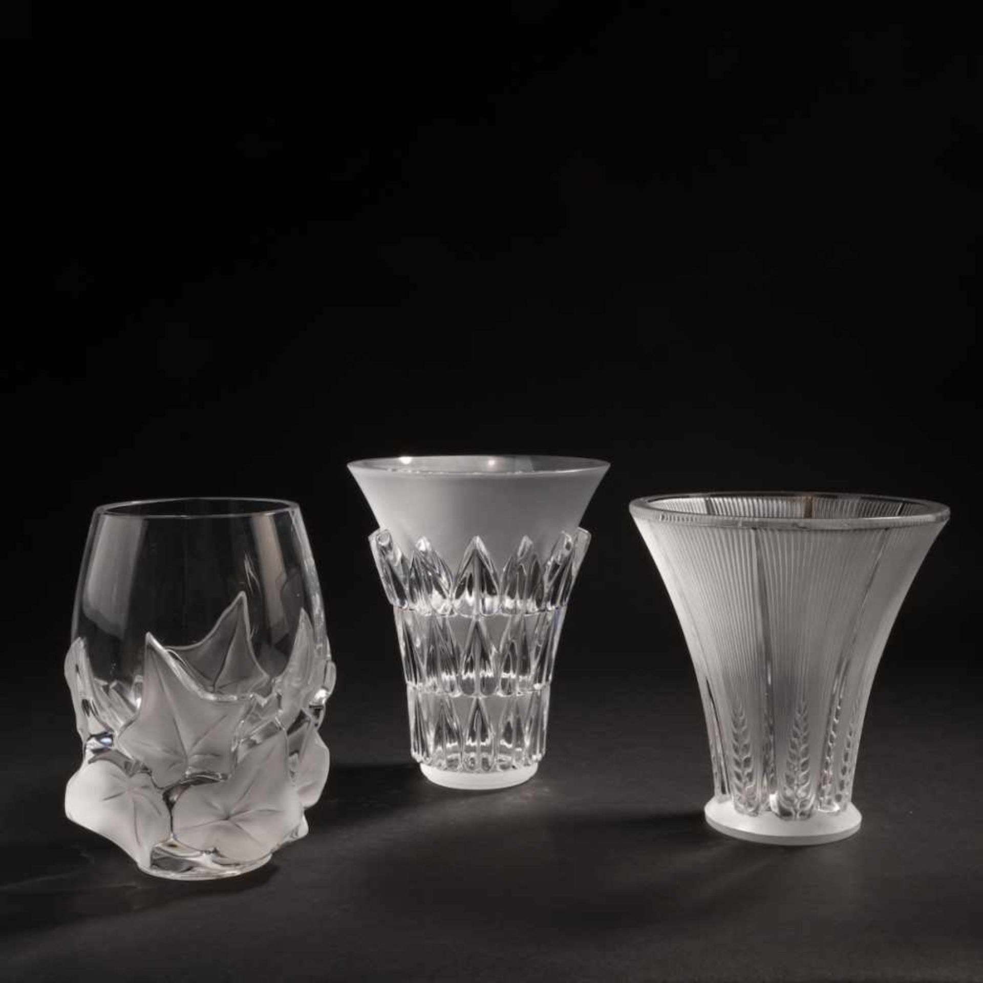 René Lalique; Marc Lalique, Three vases 'Épis', 1932, 'Feuilles', 1934 and 'Hedera', 1980Three vases