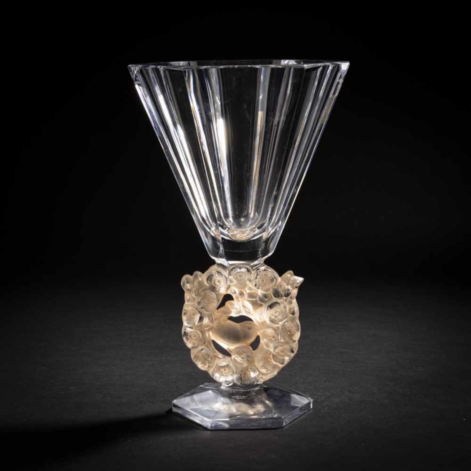 René Lalique, 'Mésanges' vase, 1931'Mésanges' vase, 1931H. 30.9 cm. Clear, moulded glass, brown-