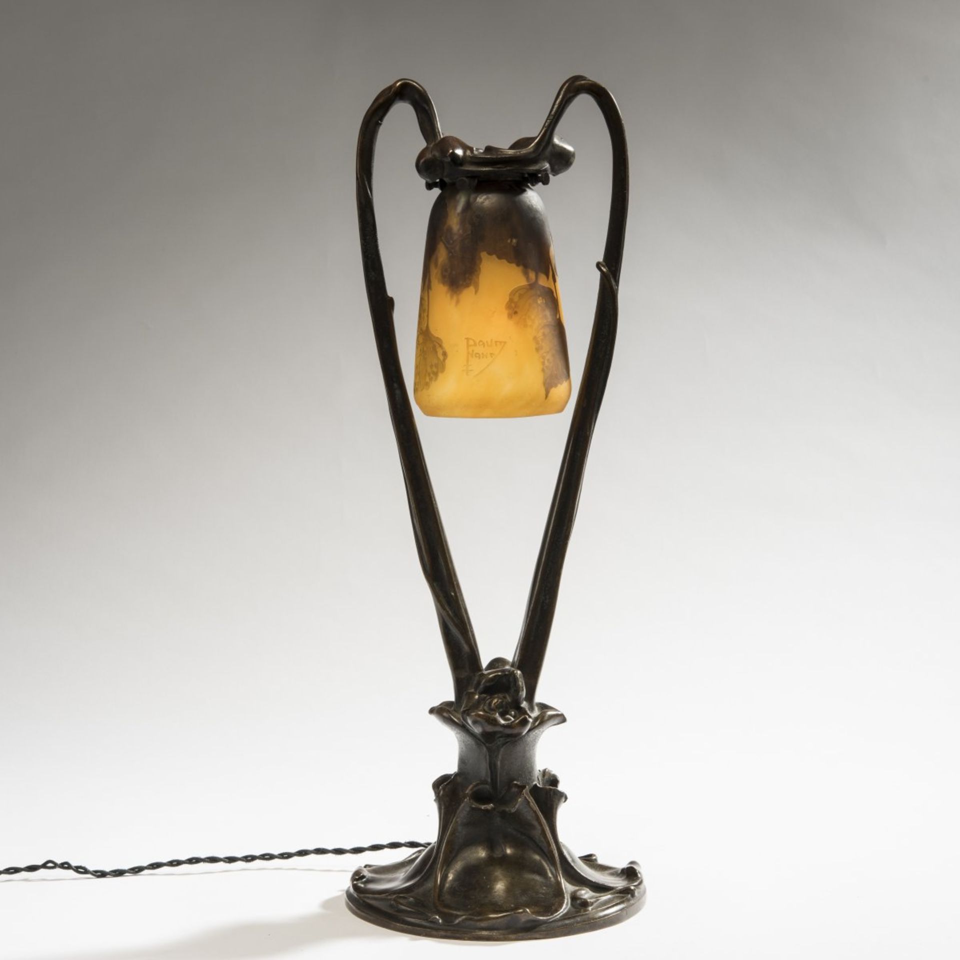 Daum Frères, Nancy; Claudius Marioton, 'Nénuphars' lamp base with 'Tilleul' shade, c. 1910