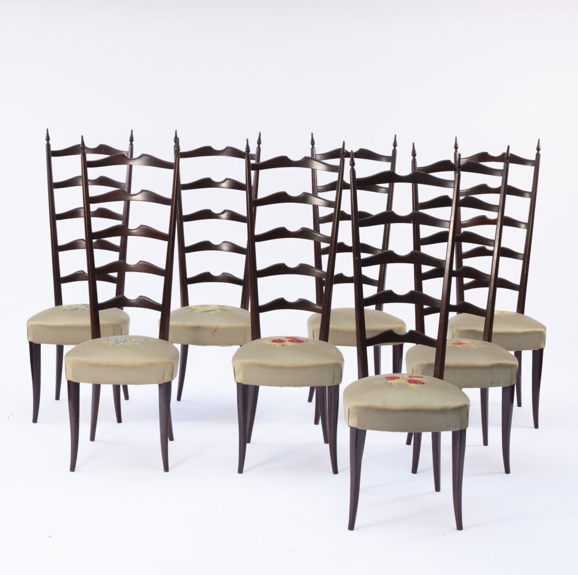 Italy, Set of eight side chairs, 1940s