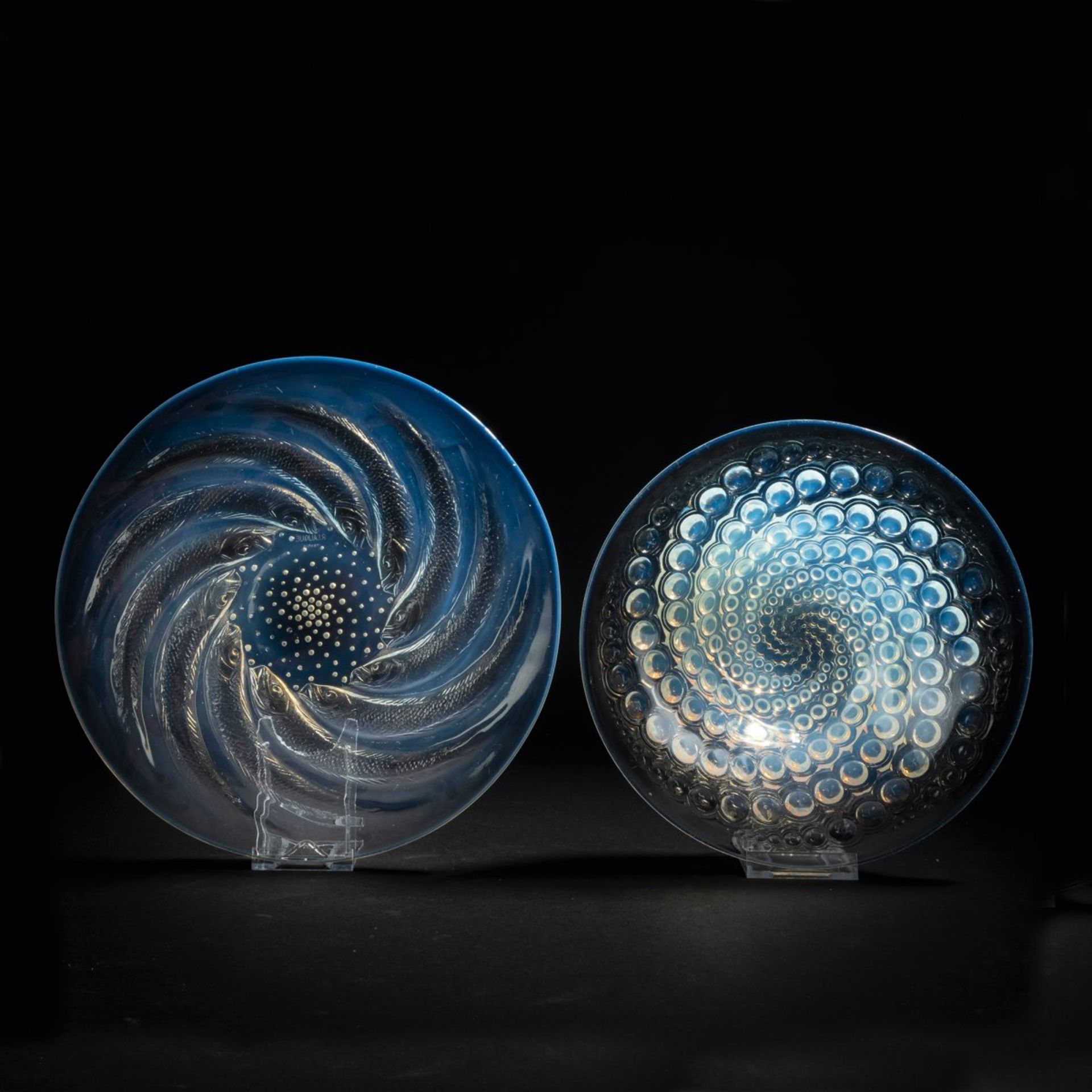 René Lalique, Teller 'Poissons N° 1', 1931 und Schale 'Volutes', 1934