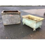 A 2ft galvanised water tank with flat rim; and a verdigris coloured garden trough of moulded lattice