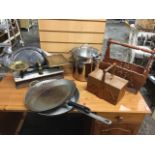 A set of Avery scales with brass mounts having marble slab on an oak base; various kitchen pieces