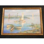 Oil on board, coastal view with boats and lighthouse, signed indistinctly, gilt framed. (35.5in x