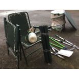 Miscellaneous garden & gardening pieces including a collapsible bin, a pair of folding chairs, a new