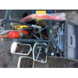 A quantity of tools - a box of spanners, a fire extinguisher, screws, a socket set, a BT meter, a