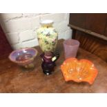 A Vasart orange scalloped bowl with waved rim, and a Vasart tapering marbled beaker; a Victorian