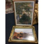 A gilt framed photograph of Warkworth from across the Coquet; and a large framed Monet print. (2)