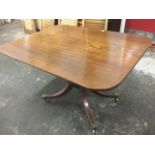 A regency mahogany breakfast table, the rectangular single-piece square top with rounded corners