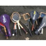 A collection of tennis, squash and badminton rackets. (13)