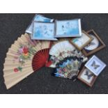 Five miscellaneous fans - two handpainted; three chinoiserie bird prints in silver plated frames;