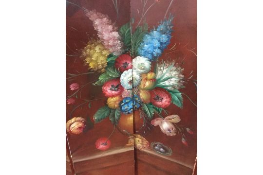 A four-fold screen handpainted in oils with still life vase of flowers, within a gilt border. ( - Image 2 of 3