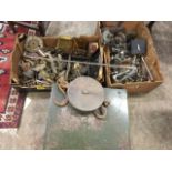 Miscellaneous restoration materials including cabinet fittings, a moneybox, locks, hooks, brass,