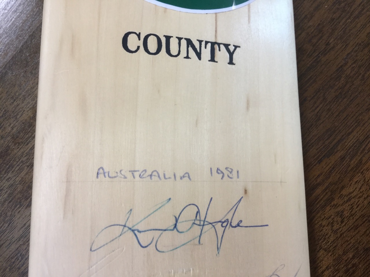 A Slazenger cricket bat signed by the Australian 1981 cricket team, with two county teams signatures - Image 3 of 3