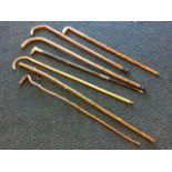 Seven miscellaneous walking sticks - cane, brass mounted, twisted & carved, blackthorn, hazel with