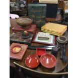 Miscellaneous items including lacquered boxes, a turned hardwood fruitbowl, a tooled red leather