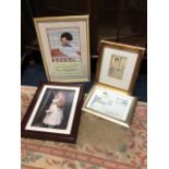 Mabel Lucie Attwell, three framed children prints; and a framed Victorian decopauge style print of