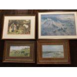 Farquharson, a mounted & framed print of partridges in cornfield; S Wright, an oak framed hare