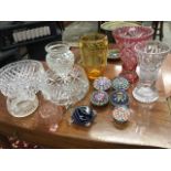 Miscellaneous glass including six coloured paperweights, fruitbowls, cut vases, etc. (A lot)