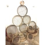 A collection of agricultural sieves, the circular mesh panels bound by hardwood rings - various