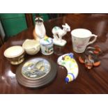 Miscellaneous ceramics including a framed Victorian pot lid, a fine satsuma bowl, a Beleek cauldron,