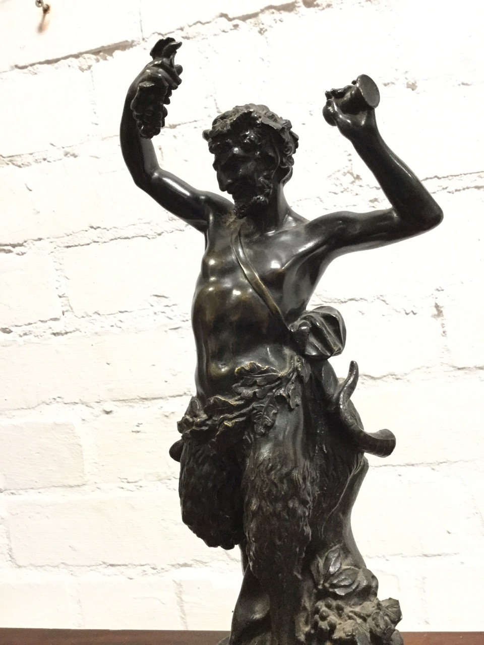 Nineteenth century bronze, Bacchus holding fruit & pestle aloft with acorn and oakleaf loincloth, - Image 2 of 3