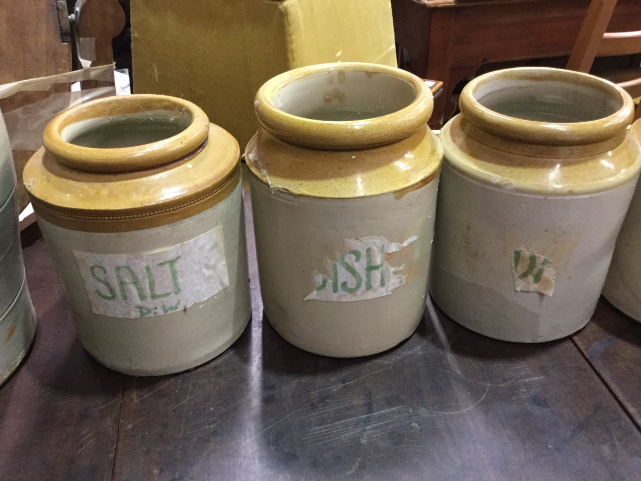 A set of six Victorian tubular stoneware salt glazed storage jars with moulded rims; a Victorian - Image 2 of 3