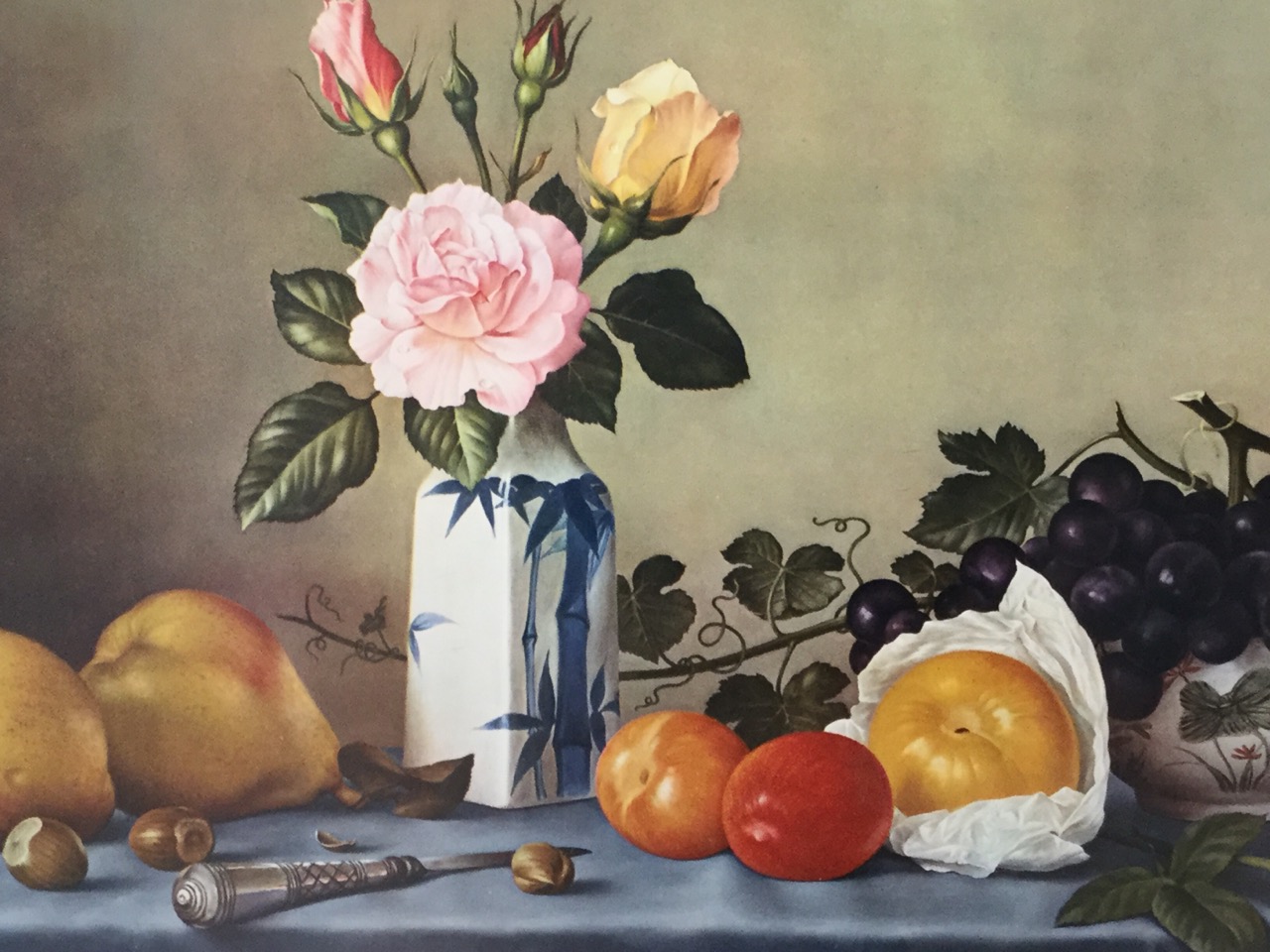 Kelsey, lithographic print, still life with vase of flowers, fruit & coffeepot, mounted and in - Image 2 of 3