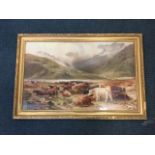 Garland, a Victorian coloured print of highland cattle in landscape, in gilt & gesso frame. (35in
