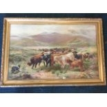 Garland, a Victorian coloured print, highland cattle with dog in landscape, signed in print, in gilt
