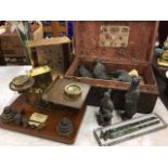 Miscellaneous items including an antique leather covered box with brass studding by Bryants, door