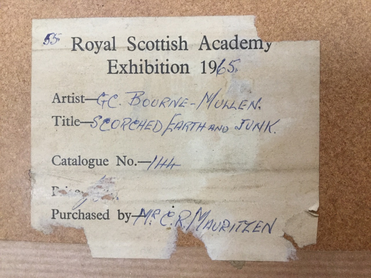 GC Bourne-Mullen, oil on board, abstract, signed & dated, Royal Scottish Academy Exhibition label to - Image 3 of 3