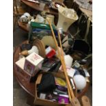 Miscellaneous items including light fittings and lampshades, sticks, jigsaws, CDs, boxed gifts,