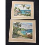Lou Robins, oil on boards, a pair, tropical coastal views with palm trees, signed & framed. (18in