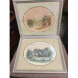 A pair of finely painted oval Edwardian watercolours of Alnwick & Warkworth castles from across