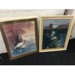 Hero Nim, Japanese print with two cranes in landscape, mounted & gilt framed; and another similar