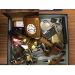 A box of miscellaneous items including flasks, an Oris clock, some silver including a photo frame, a
