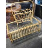 A rectangular glass topped cane coffee table, the bamboo frame with slatted shelf below; and a large