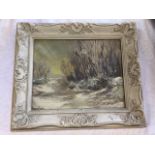 Nancie Forster, oil on board, path and trees by gate, titled Winter Landscape to verso, signed,