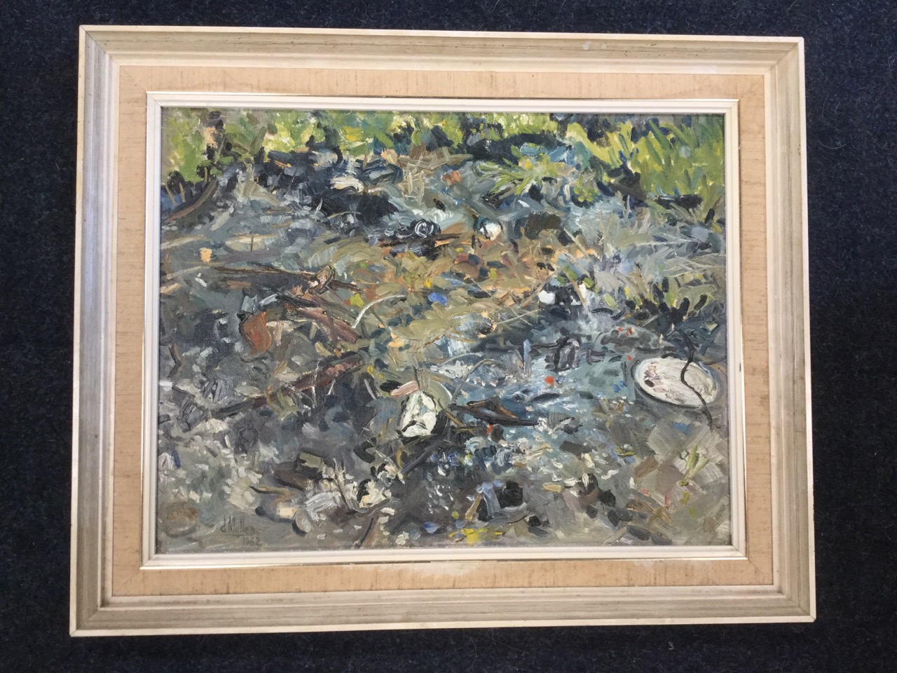 GC Bourne-Mullen, oil on board, abstract, signed & dated, Royal Scottish Academy Exhibition label to