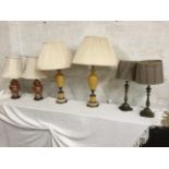 Three pairs of tablelamps - brass candlestick style with harris tweed shades, crackle glazed urns