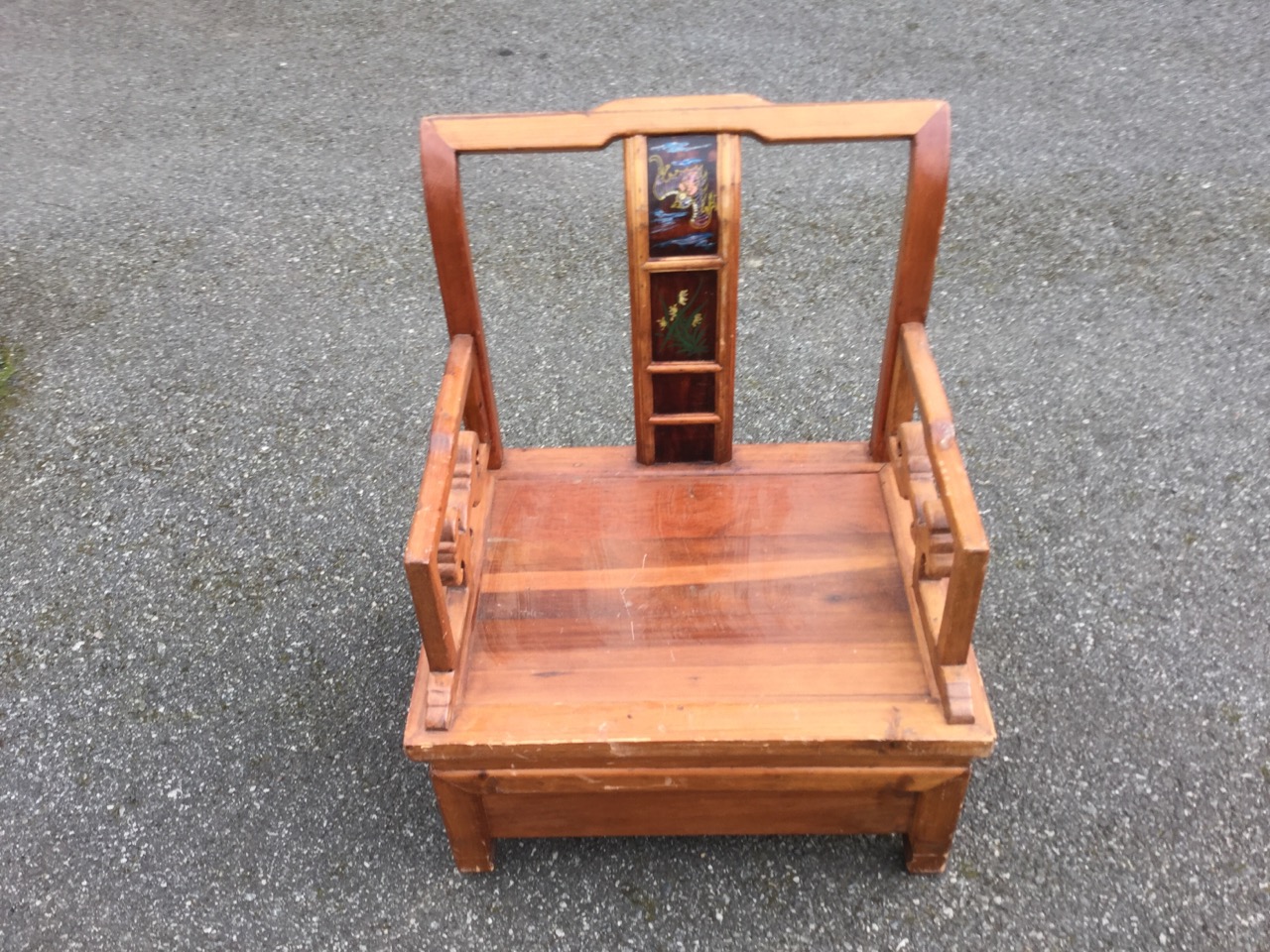 A Chinese armchair in pine, having yoke back rail above splat with framed painted panels, the square - Image 2 of 3