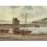 Edward Arden, watercolour, coastal view with figures and boats on beach, signed, titled to verso