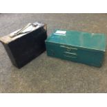 A rectangular metal ammunition box with hinged lid; and a tin first aid box complete with contents -