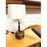 A tablelamp inkstand, the baluster turned column on circular moulded hardwood drum mounted with