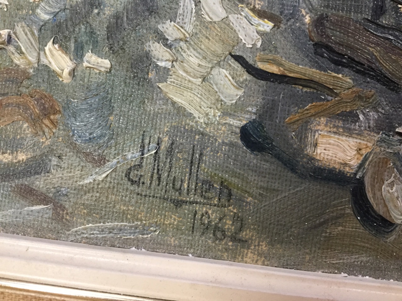 GC Bourne-Mullen, oil on board, abstract, signed & dated, Royal Scottish Academy Exhibition label to - Image 2 of 3