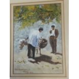 AV Coverley-Price, oil on paper, two men with donkey under trees, signed & dated 1923, mounted &