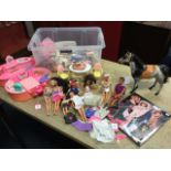 A Barbie & Sindy doll collection including a horse, a cased beauty dressing room, clothing,